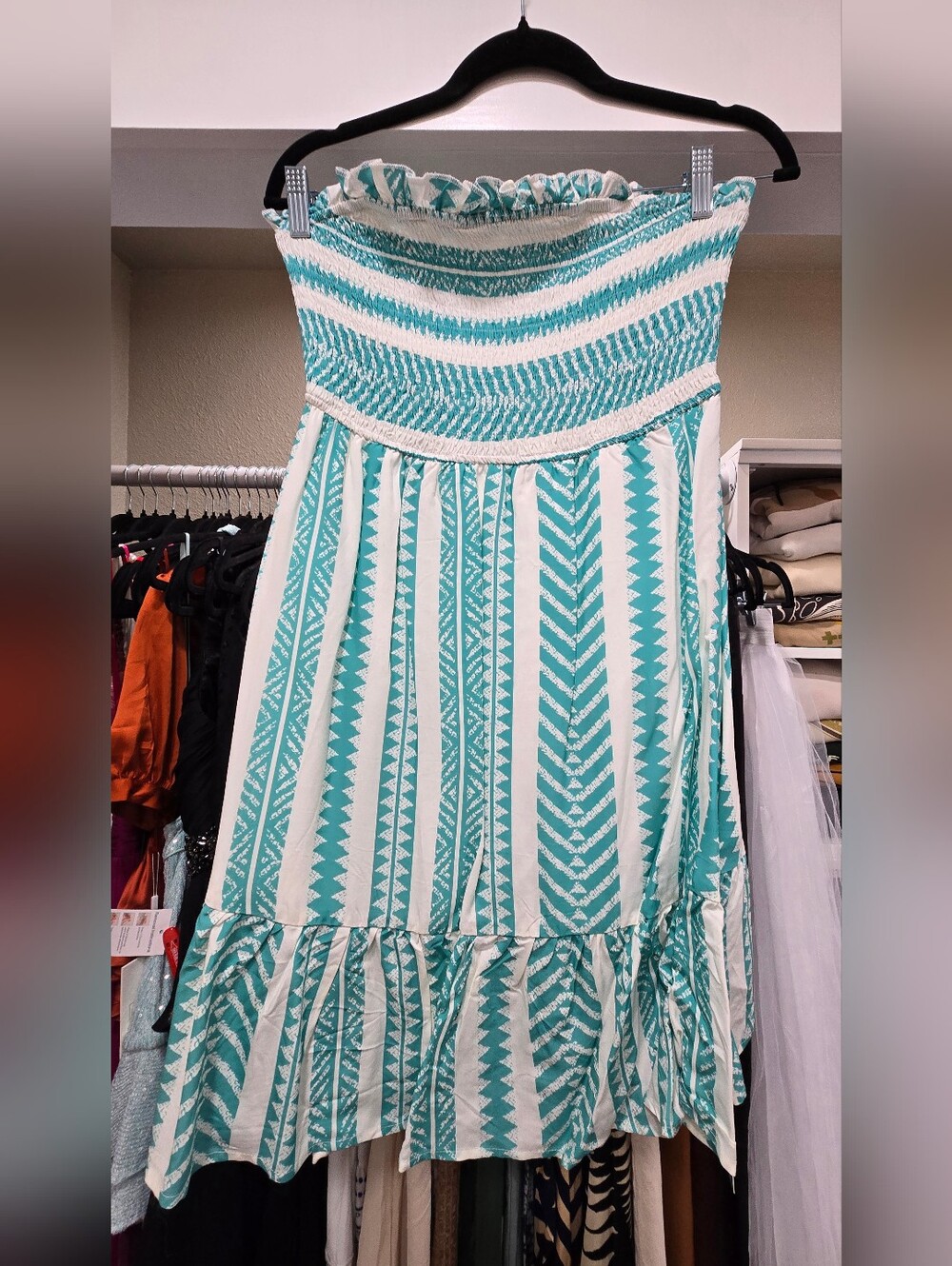 Cupshe Teal/Blue and White Strapless Mini Dress